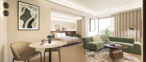 A modern hotel room with a bed, green sofa, armchair, and a round table.