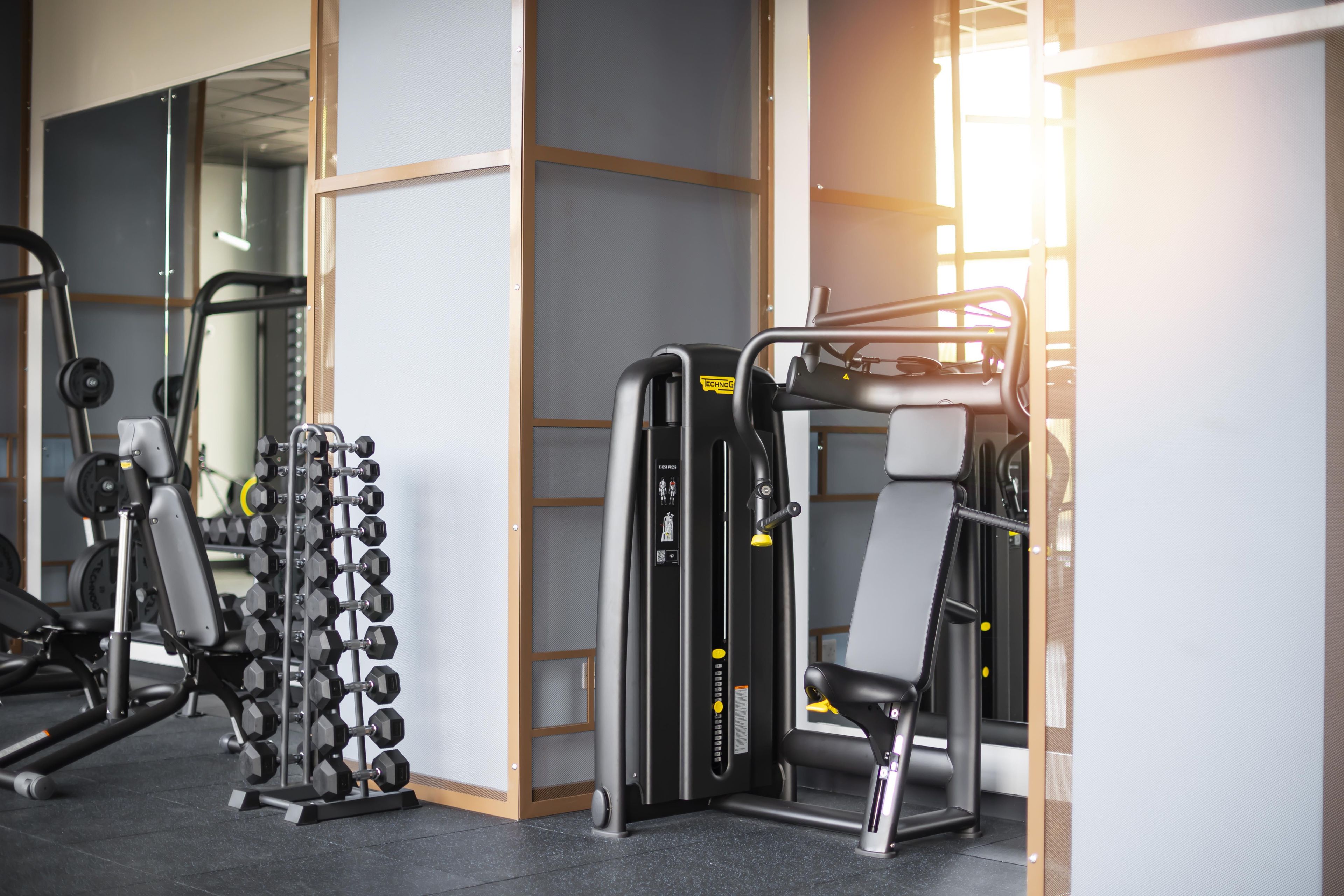 A gym with various exercise equipment including dumbbells, a chest press machine, and a pull-up bar.