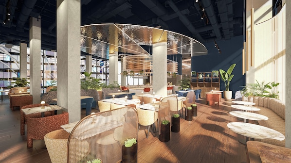 A modern interior with high ceilings, exposed ductwork, and a variety of seating arrangements including wicker chairs and tables. - Radisson Blu Medlock Hotel, Manchester (Manchester)