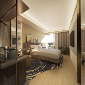 Una habitación de hotel moderna con una cama grande, un escritorio con espejo, un televisor de pantalla plana y una ventana con cortinas.