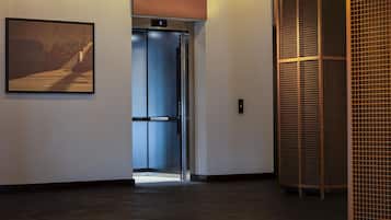 An elevator in a hallway with a framed picture on the wall.