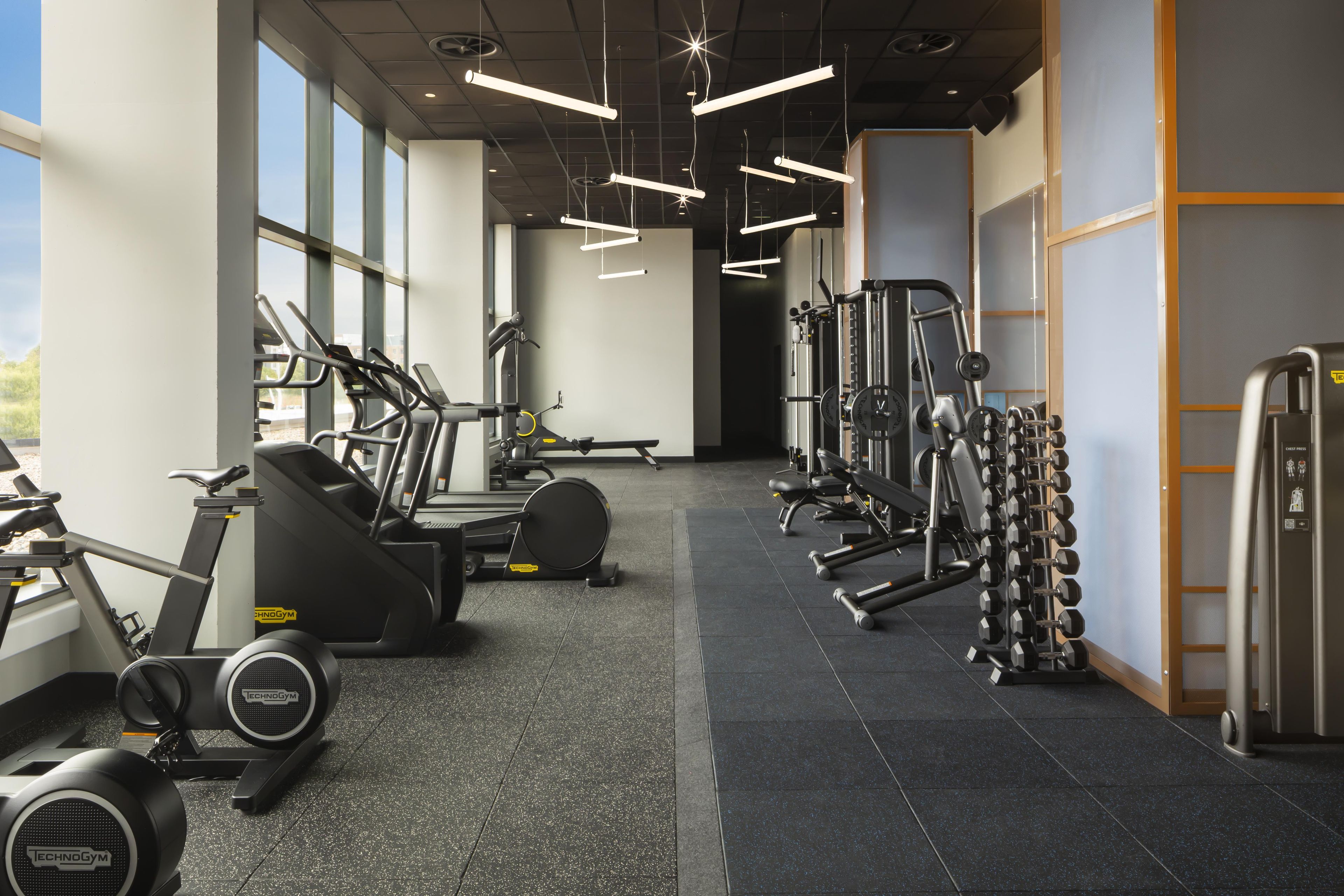 A gym with cardio machines, weightlifting equipment, and a large window providing natural light.