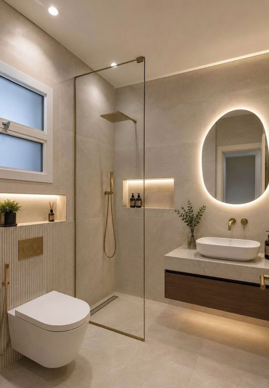 Un baño moderno con ducha envuelta en vidrio, inodoro blanco, tocador con espejo redondo y pequeña ventana sobre el inodoro.