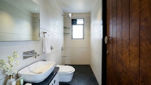 A modern bathroom with a large mirror, white sink, and toilet. There is a small window providing natural light. - Brick Villa Heritage  (Trimbak)