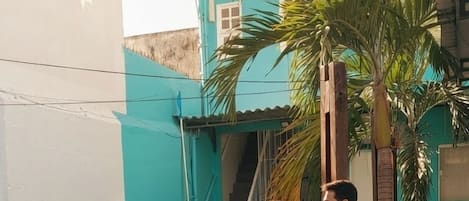 Una piscina con borde de azulejos, una terraza de hormigón y una palmera.