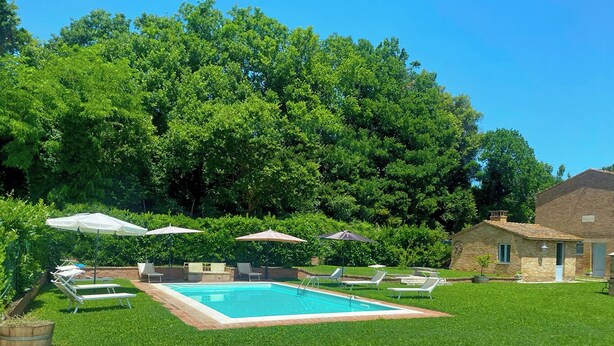 Una piscina con sillas de descanso y sombrillas, rodeada de exuberante vegetación y un edificio de ladrillo.