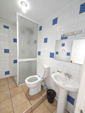 Tweepersoonskamer, uitzicht op de stad | Badkamer | Een douche, gratis toiletartikelen, handdoeken, zeep