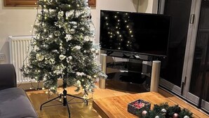 Olohuone, jossa on joulukuusi, litteänäyttöinen televisio ja puinen sohvapöytä.