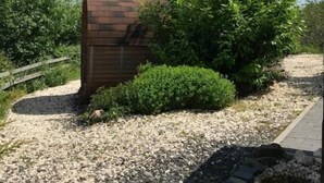 Een tuin met een houten constructie, een grindpad en groene struiken.