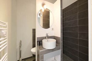 Chuveiro, secador de cabelo, papel higiênico 