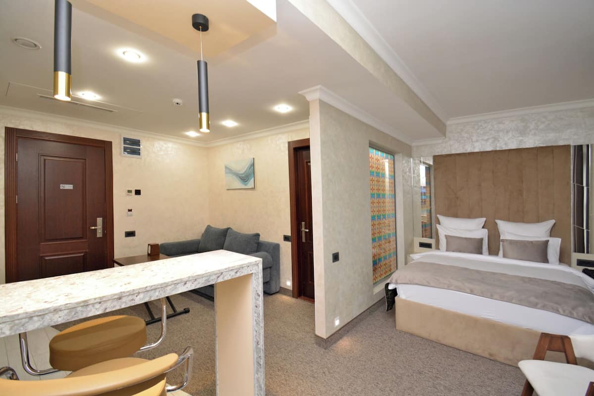 A hotel room with a bed, a desk, a chair, a sofa, and a door.