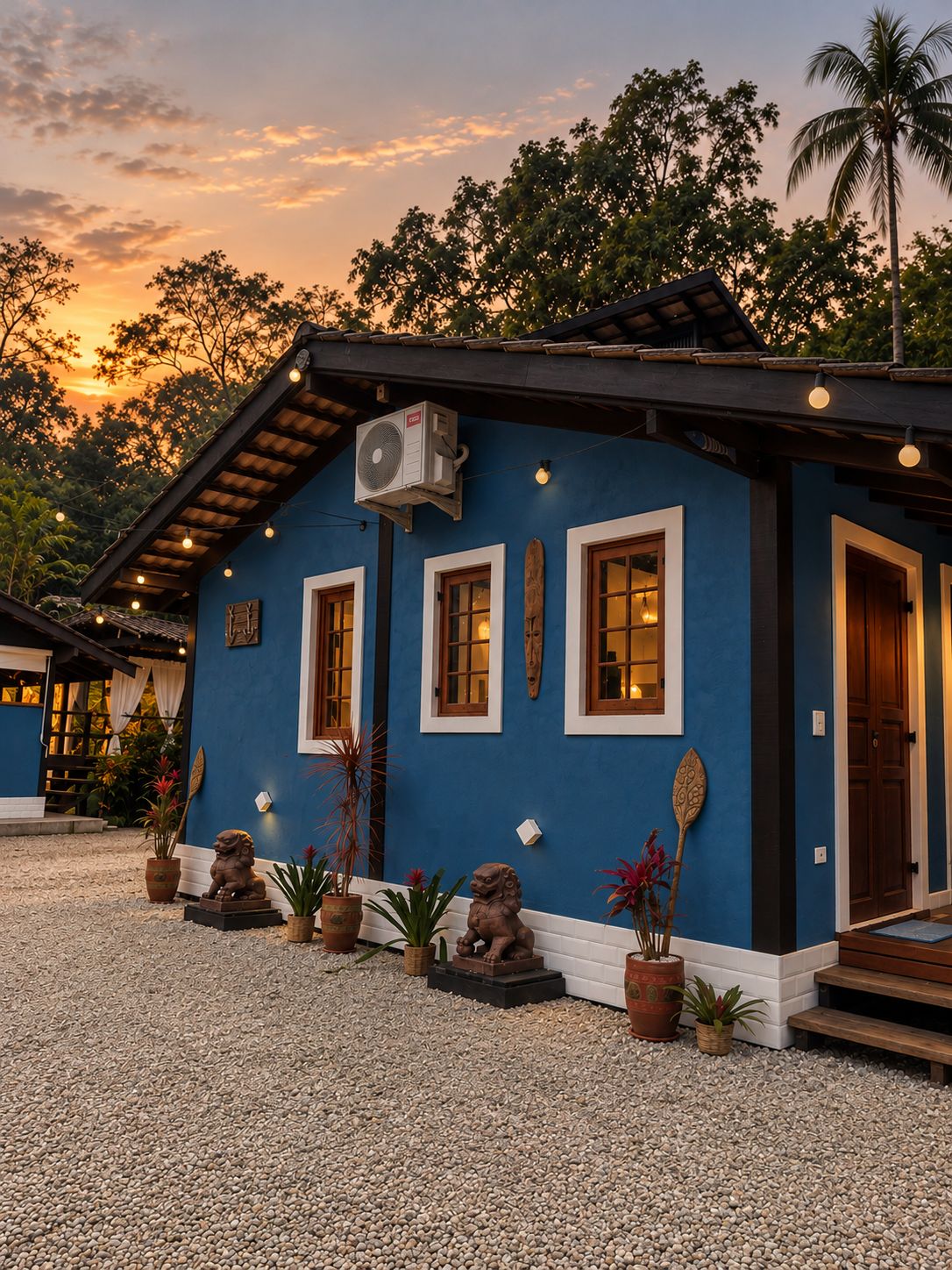 A blue building with a porch, potted plants, and a wooden door.