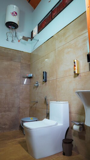 Shower, free toiletries, towels, soap
