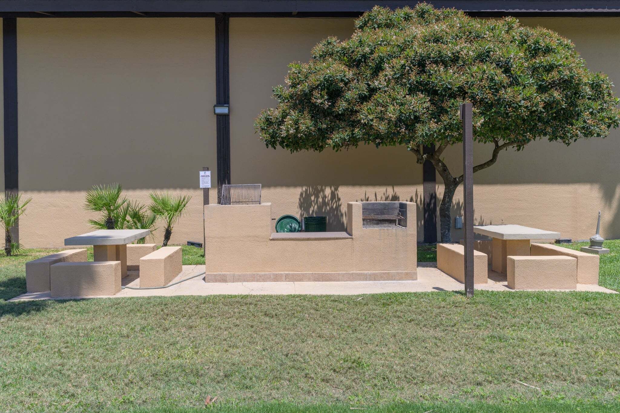 An outdoor seating area with a table and chairs, a small tree, and a wall in the background.