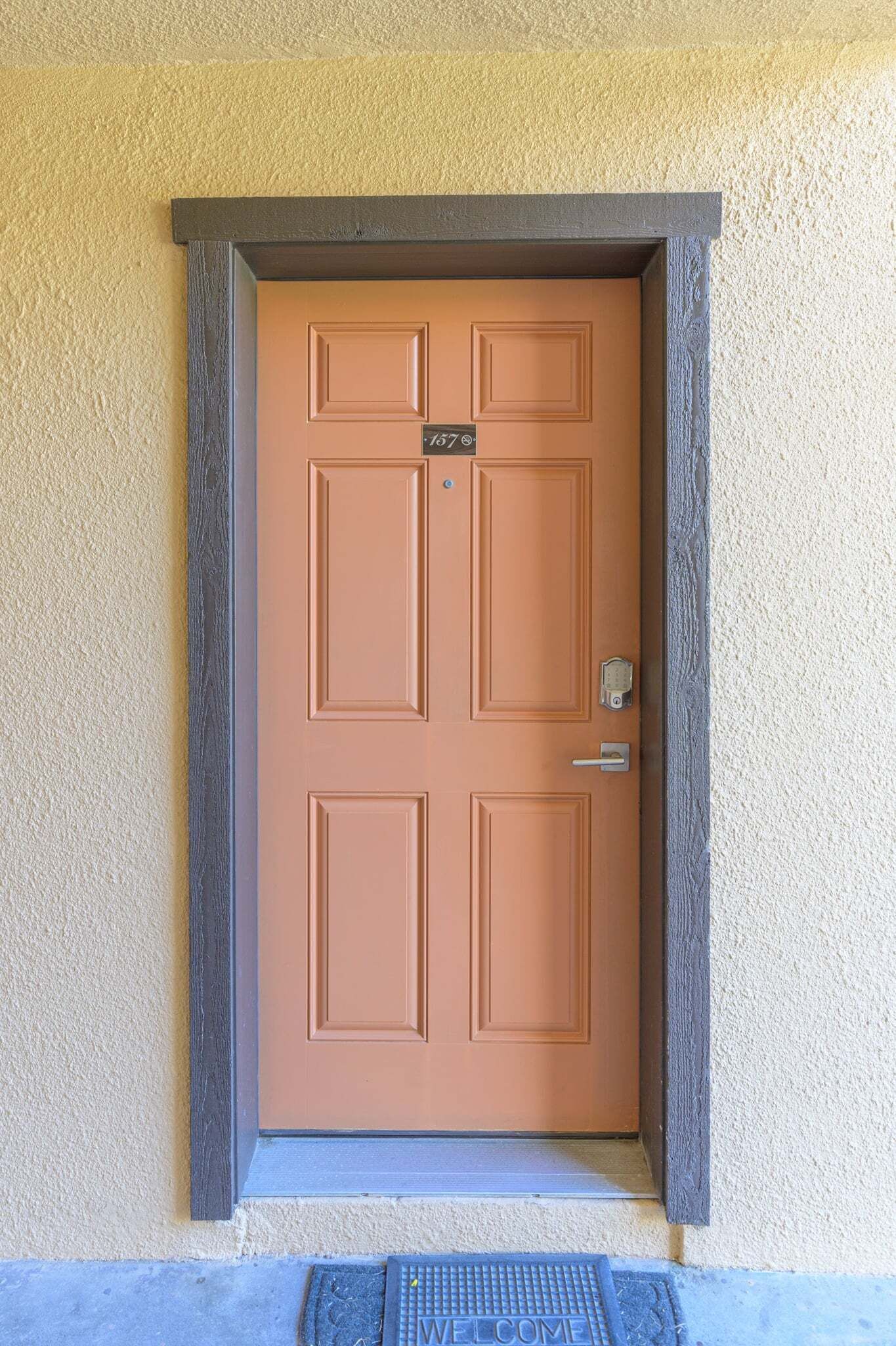 A brown door with a number plate, a doormat, and a metal step.