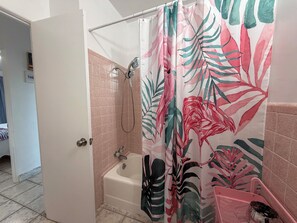 Hair dryer, towels, soap, toilet paper