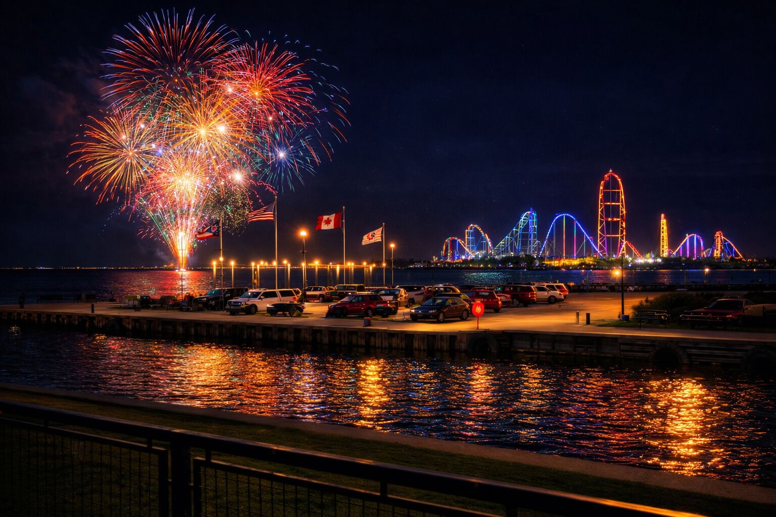 Vista para a orla marítima com fogos de artifício, montanha-russa e área de estacionamento.