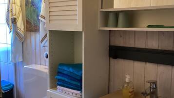 Shower, hair dryer, towels