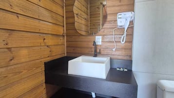 Hair dryer, towels, soap, toilet paper