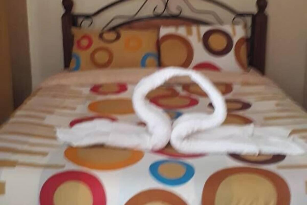A bed with a patterned bedspread, a neatly folded white towel, and a mosquito net above.