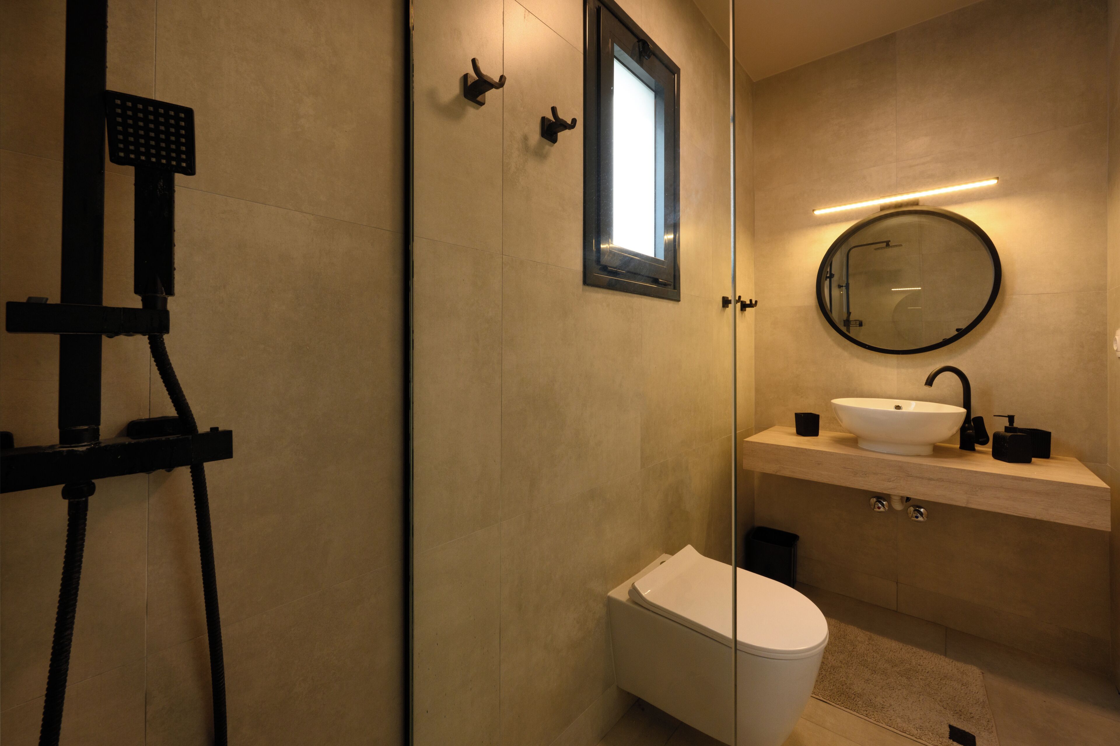 Shower, hair dryer, towels, toilet paper