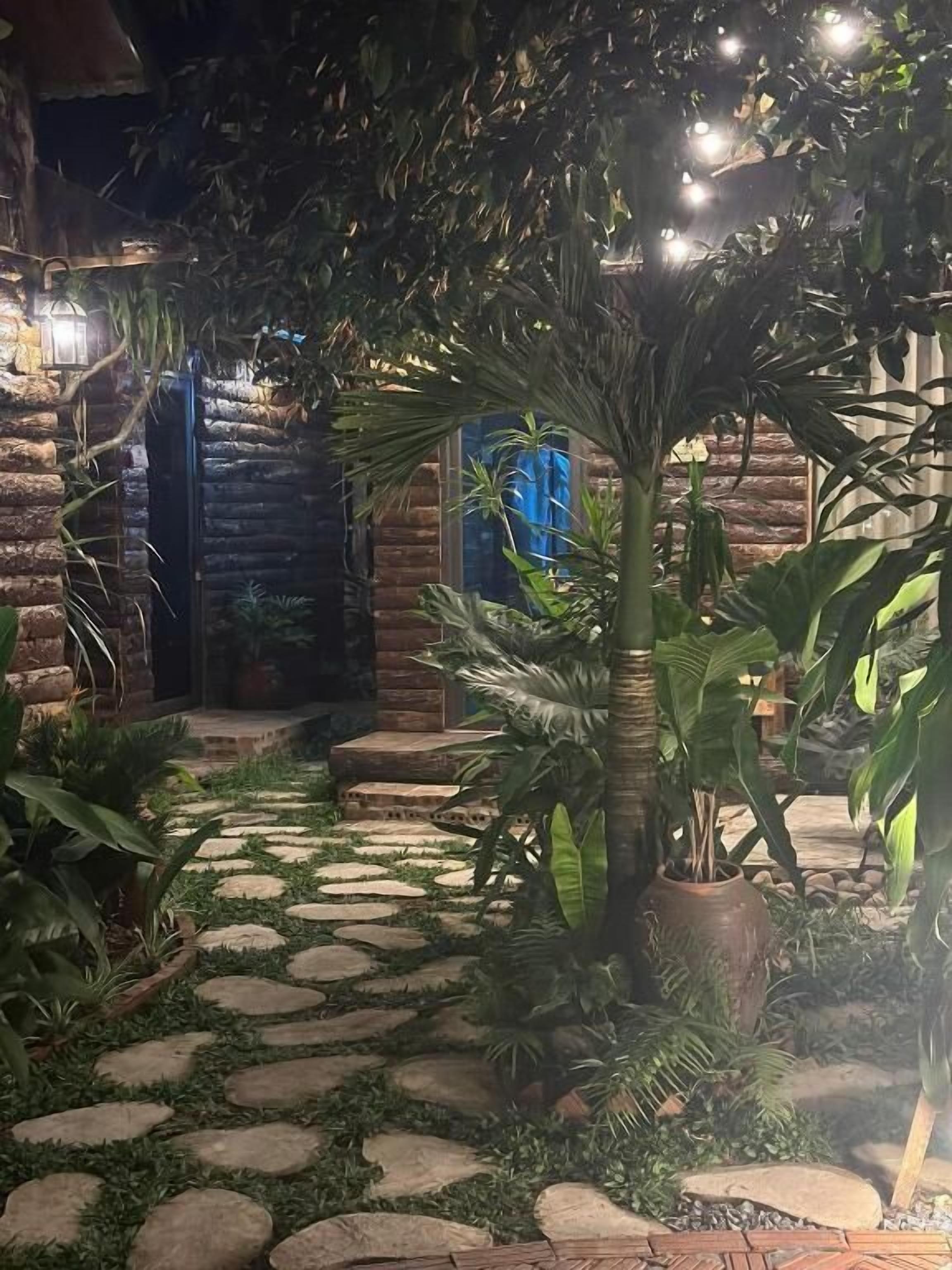 A stone pathway leading to a wooden door, surrounded by lush greenery and potted plants.