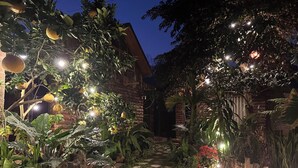 A garden pathway leading to a rustic building with hanging lights and lush greenery. - Wood Haven Homestay (Hoa Lu)