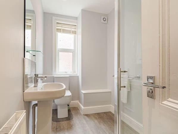Shower, hair dryer, towels