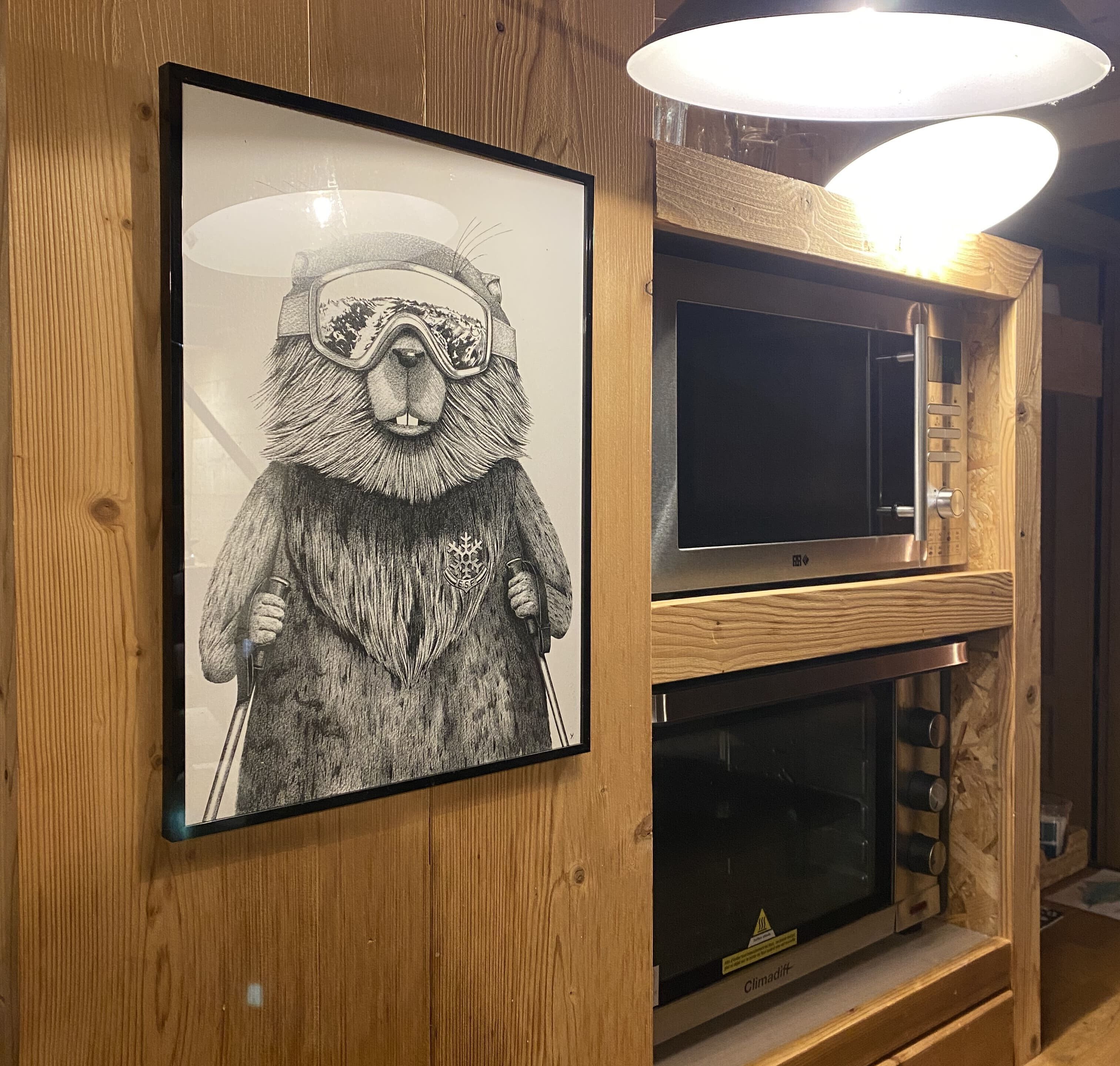 A framed illustration of a beaver with goggles and a ski pole, mounted on a wooden wall.