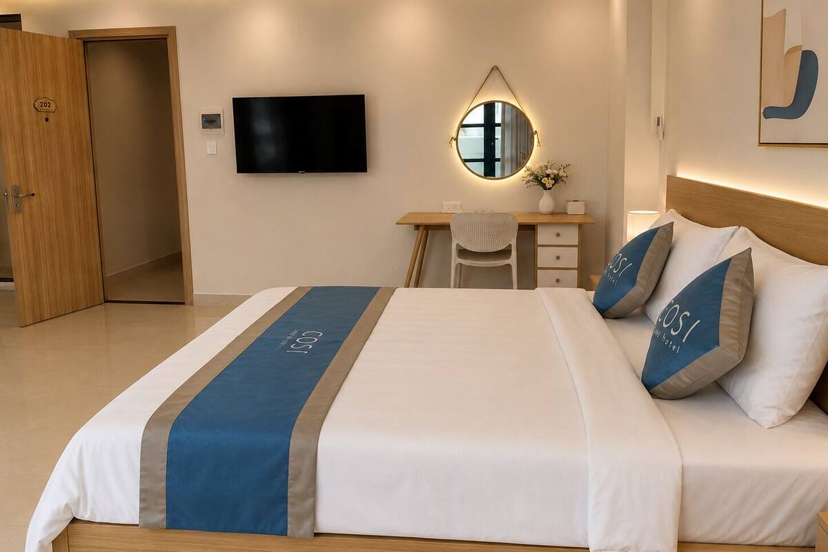 Une chambre d’hôtel moderne équipée d’un lit, d’un bureau, d’une chaise, d’une télévision et d’un miroir.