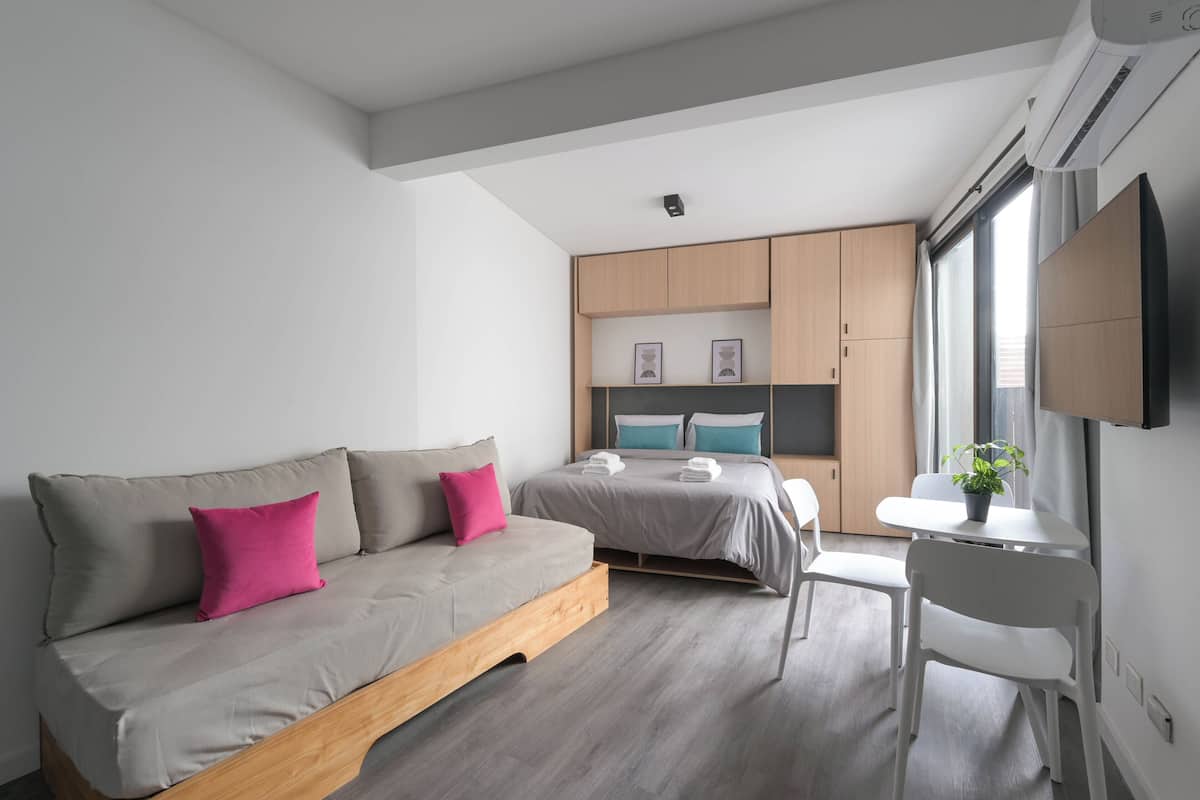 A modern room with a sofa, a bed, a small table with a plant, and a TV mounted on the wall.