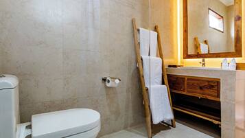 A bathroom with a toilet, a wooden vanity with a mirror, and a shower area.