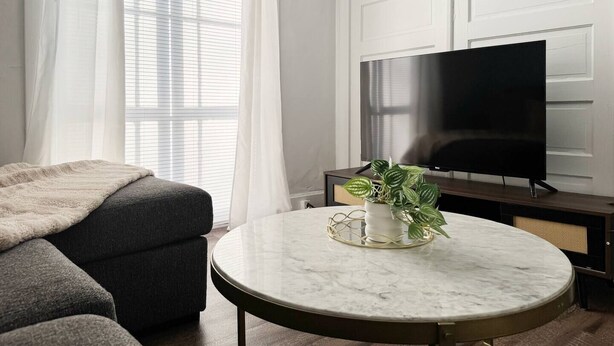 Un salon moderne avec un canapé gris foncé, une table basse ronde en marbre agrémentée d’une plante en pot et un téléviseur à écran plat posé sur un meuble.