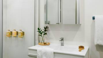 Ducha, secador de pelo, toallas y champú