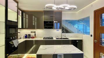 Apartemen Deluks, balkon, pemandangan kota | Dapur pribadi | Lemari es, microwave, oven, dan kompor