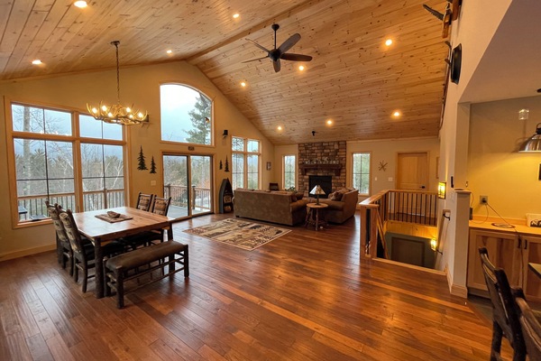 Smart TV, fireplace, books, stereo