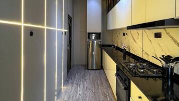 Deluxe-Apartment, Balkon, Stadtblick | Eigene Küche | Kühlschrank, Mikrowelle, Ofen, Herdplatte