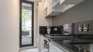 Family Apartment, City View | Private kitchen | Fridge, microwave, oven, cookware/dishes/utensils