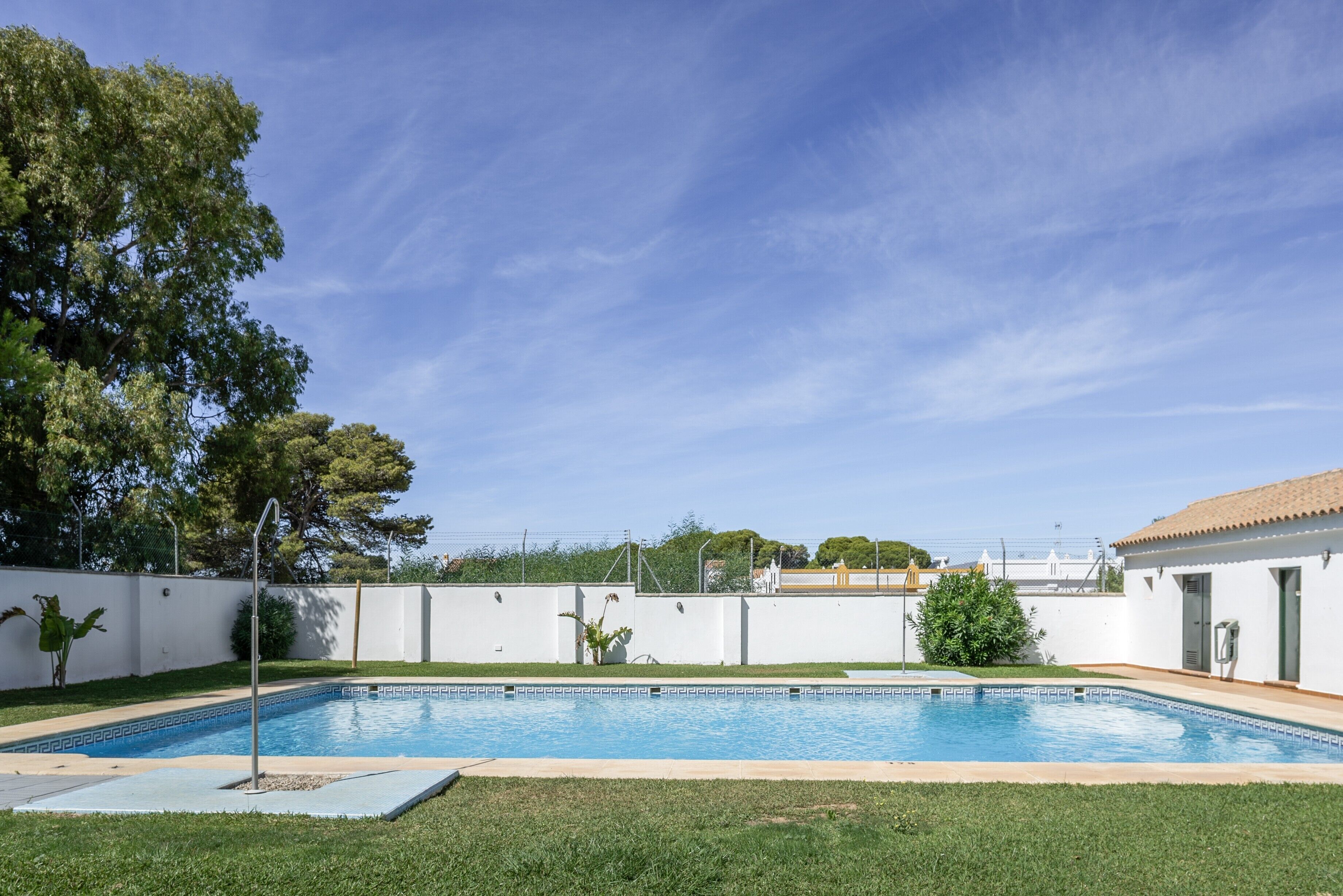 A rectangular swimming pool with a patterned tile edge, surrounded by a white wall and a grassy lawn.