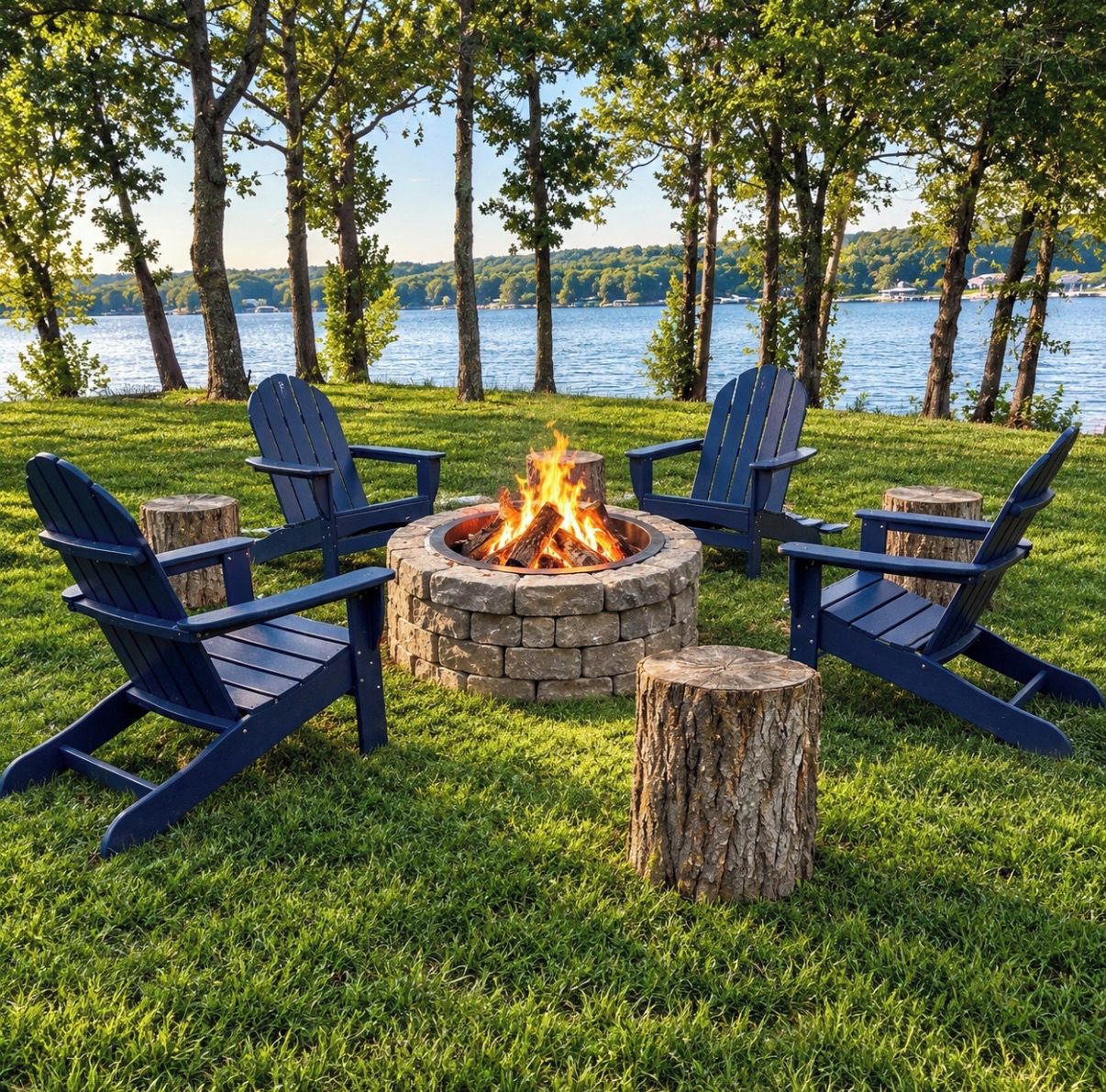 Un foyer extérieur entouré de quatre chaises Adirondack, installé sur une pelouse avec des arbres et un lac en arrière-plan.