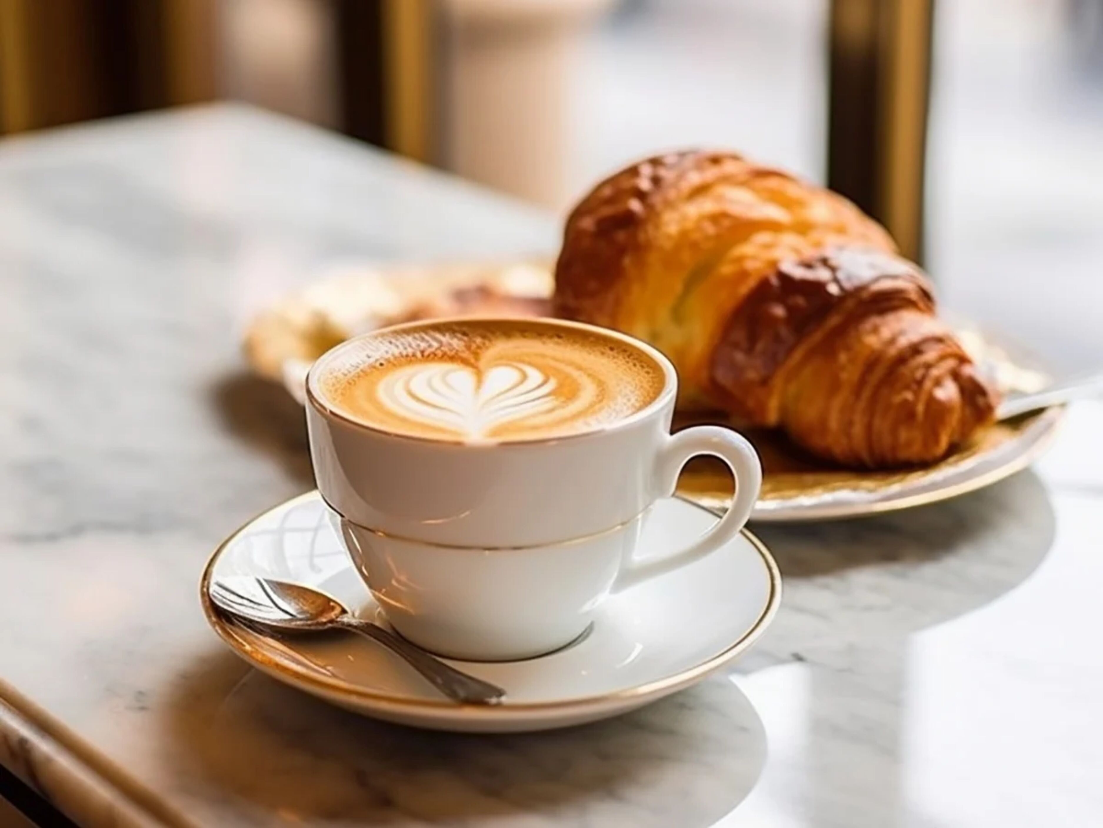 A cup of coffee with latte art on a saucer, a croissant on a plate, and a spoon on the saucer.