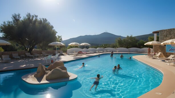 Una piscina con lettini e ombrelloni, circondata da alberi e montagne.