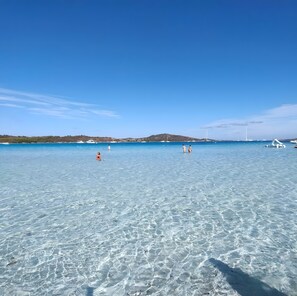 A clear blue sea with boats and a distant landmass.