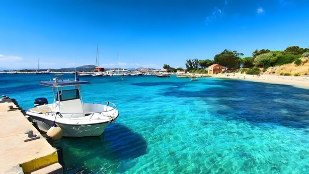 Un puerto deportivo con barcos amarrados, agua turquesa cristalina y una playa de arena con vegetación.
