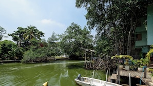 A boat docked at a wooden pier with a backdrop of dense greenery and a clear sky. - ApartDeck Fantasy Island (Rio de Janeiro)