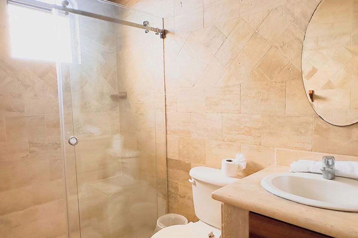 Un baño con ducha de mampara de vidrio, inodoro y lavamanos con espejo.