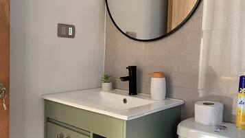 Hair dryer, soap, toilet paper