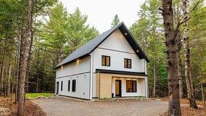 Ein modernes, zweistöckiges Haus mit geneigtem Dach, umgeben von einem Wald.
