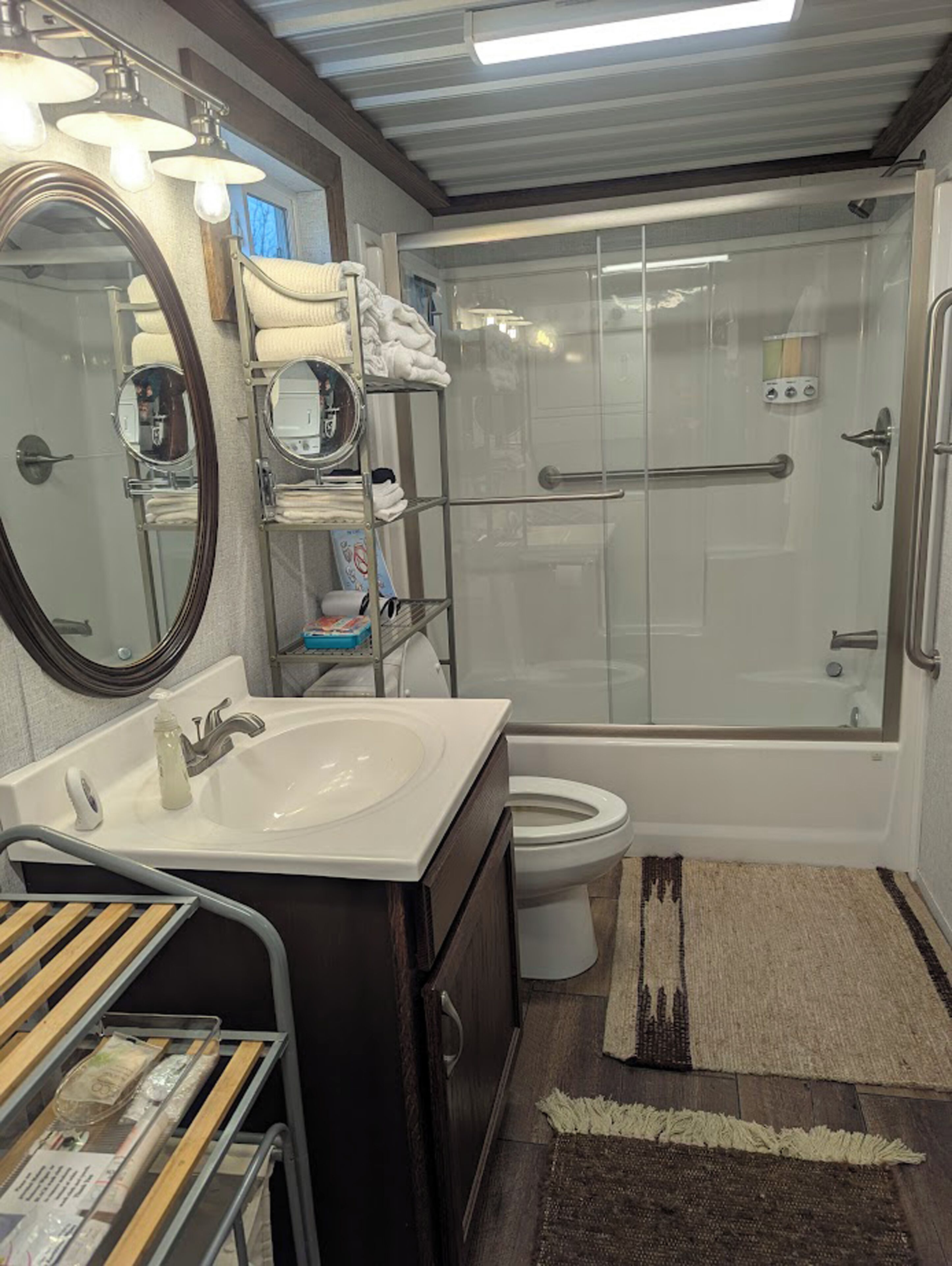 Hair dryer, towels, soap, toilet paper