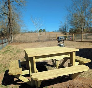 Outdoor dining - Gerrie's Place at Figment Llama Ranch Foundation  -  Near Round Top TX (New Ulm)